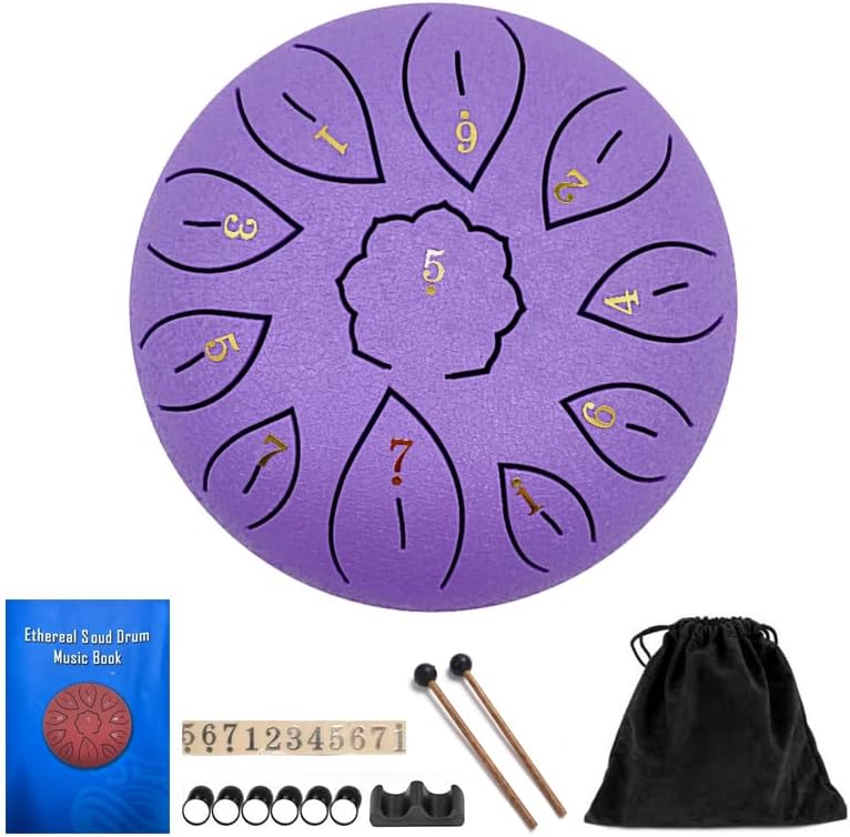 Rain Drum for Outside - Steel Tongue Rain Drum Chime 11 Notes 6 Inch with Sheet Music Book for Garden Instrument Or Meditation Yoga (Purple)